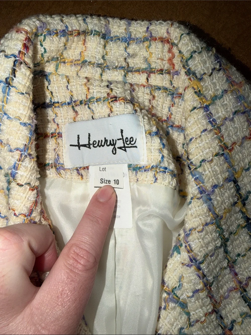 Henry Lee Ivory Tweed Two-Piece Skirt Suit Set with Multicolor Grid & Belt •10